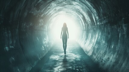 Empowered woman overcoming cancer, emerging from a dark tunnel into the light, a symbol of resilience and renewal generative ai