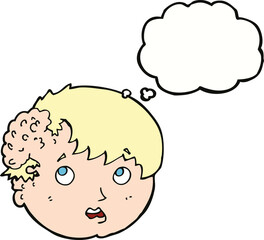 cartoon boy with ugly growth on head with thought bubble