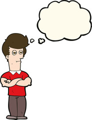 cartoon man with folded arms with thought bubble