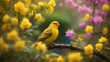 yellow canary among yellow flowers, yellow bird on a branch