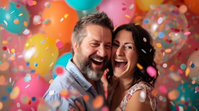 Excited parents capturing the joy and surprise of a gender reveal party generative ai
