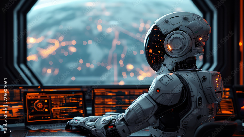 Poster an ai robot sitting on a futuristic desk looking at his computer screen ,generative ai