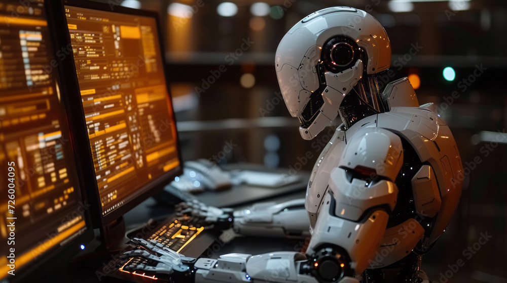 Poster an ai robot sitting on a futuristic desk looking at his computer screen ,generative ai
