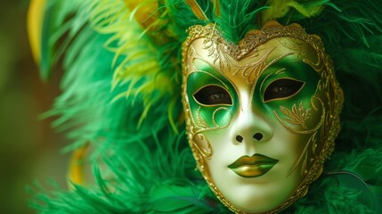 Venetian mask decorated with feathers, on a bright green background generative ai
