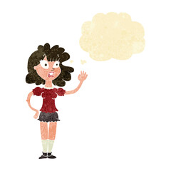 cartoon worried woman waving with thought bubble