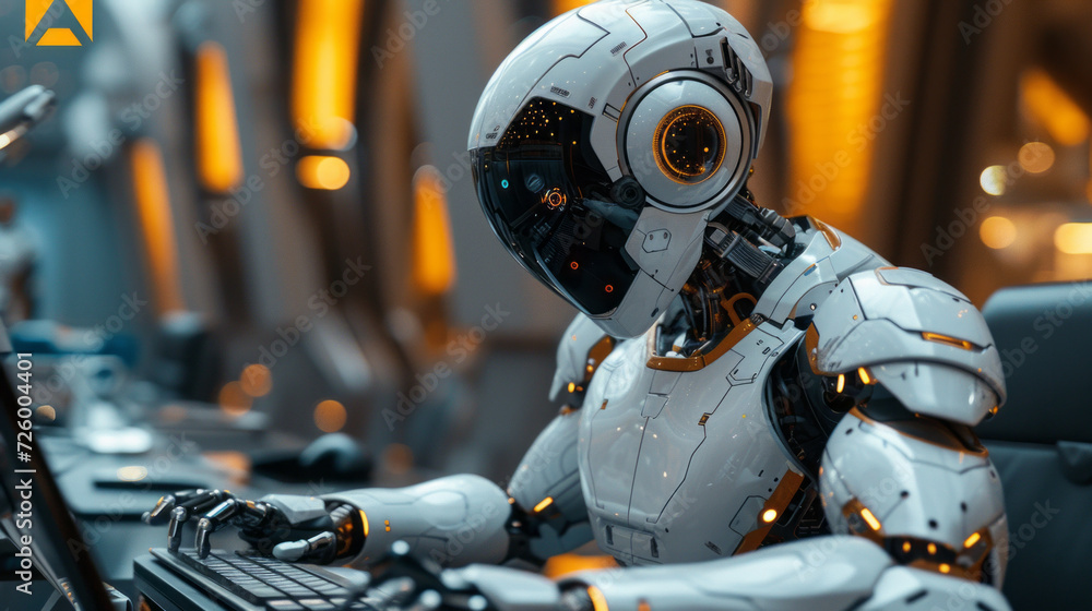 Poster an ai robot sitting on a futuristic desk looking at his computer screen ,generative ai