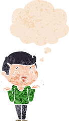 cartoon laughing confused man and thought bubble in retro textured style