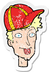 retro distressed sticker of a cartoon boy wearing cap