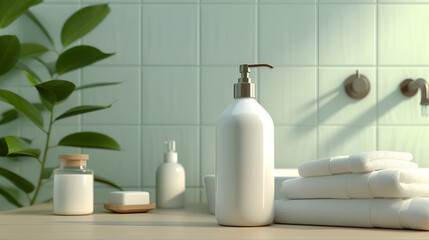Fototapeta premium Minimalist bathroom setup with skincare products. Copy space, mock-up label