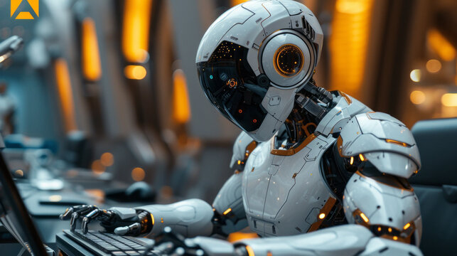 An AI robot sitting on a futuristic desk looking at his computer screen ,generative ai