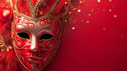 Festive red background complementing an elaborate Venetian carnival mask generative ai