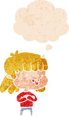 cartoon girl sticking out tongue and thought bubble in retro textured style