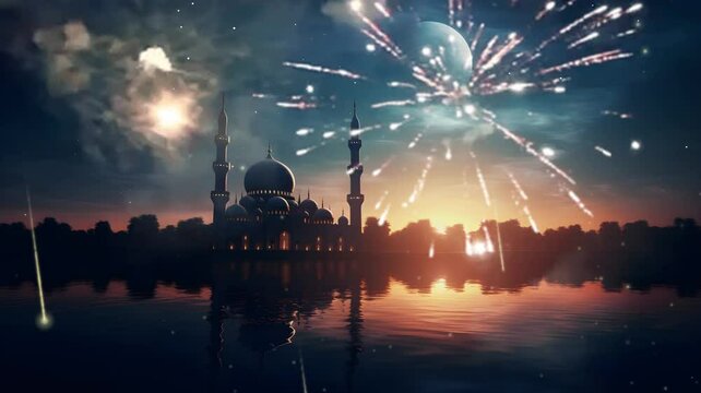 Ramadan Kareem background with mosque silhouette and fireworks in the sky. Smooth looping time-lapse virtual 4K video animation