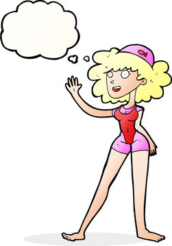 cartoon swimmer woman with thought bubble