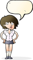 cartoon surprised woman with hands on hips with speech bubble