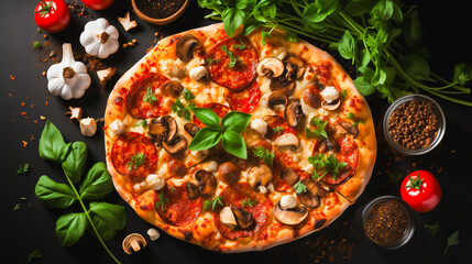 Pepperoni mushroom pizza topped with fresh basil and served on a wooden tray, close-up view from above, black stone background, AI-generated image