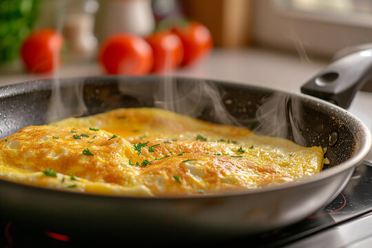 close-up view omelet in the cooking pan, Generative Ai