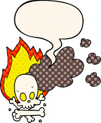 cartoon spooky burning bones and speech bubble in comic book style