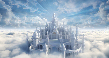 Mystical Fairy Castle high up in the blue sky - Silvery castle with many towers above a blanket of fluffy white clouds ideal for fantasy wall art
