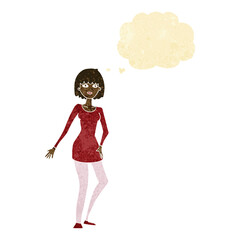 cartoon woman in dress with thought bubble