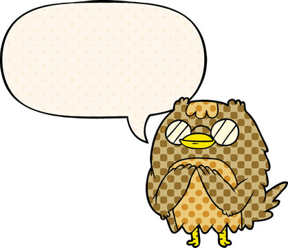 cute cartoon wise old owl and speech bubble in comic book style