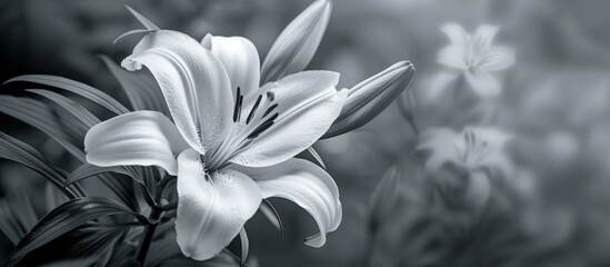 Summer monochrome photo with a lily in a home garden on a gray background.