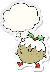 cartoon chrstmas pudding walking and thought bubble as a printed sticker