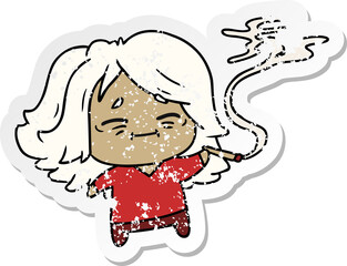distressed sticker cartoon of cute kawaii old woman