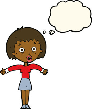 recommend clip art: cartoon woman shrugging shoulders with thought bubble