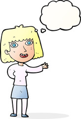 cartoon friendly woman waving with thought bubble