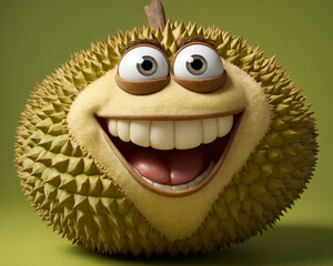 Cartoon-style smiling durian fruit character on a green background