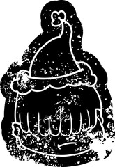 cartoon distressed icon of a face with hair over eyes wearing santa hat
