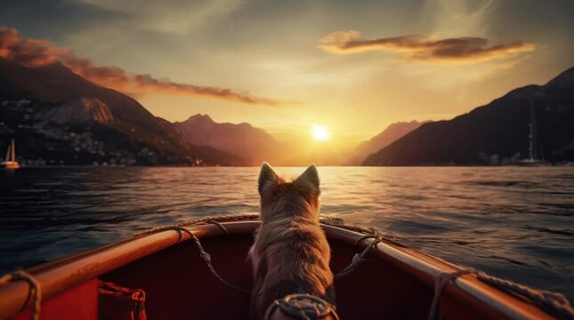 dog in a wooden boat on the lake.  Seamless looping 4k time-lapse virtual video animation background. Generated AI	