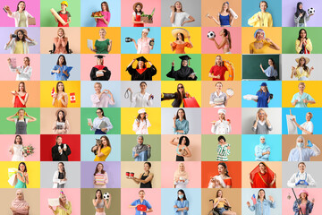 Big collage of different women on color background