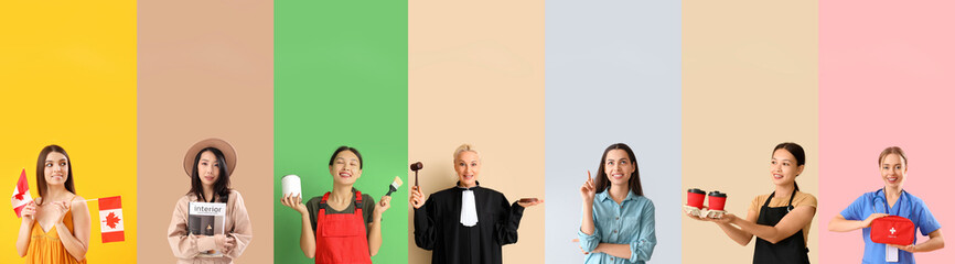 Collage of different women on color background