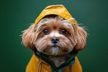 dog wearing a raincoat, photo on a green background