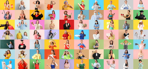Big collage of different women on color background