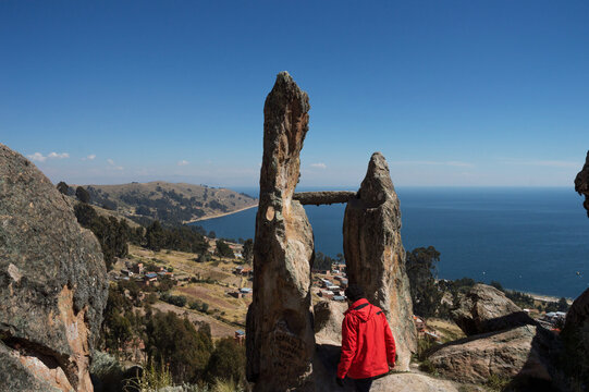 Unrecognizable man approaching the site called Horca del Inca in Bolivia