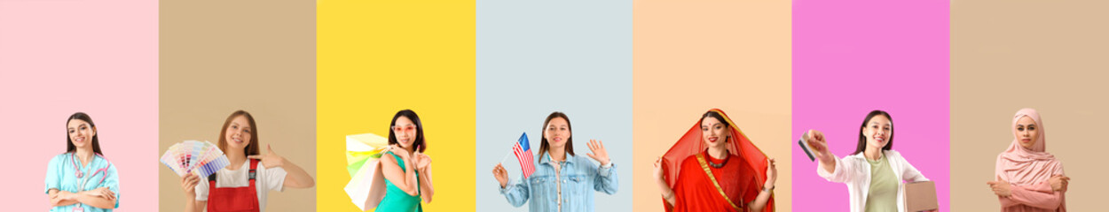 Group of different young women on color background