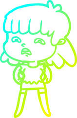 cold gradient line drawing cartoon worried woman