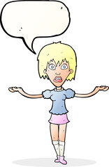 cartoon woman shrugging shoulders with speech bubble