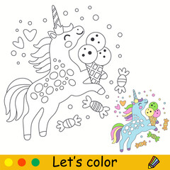 Obraz na płótnie Canvas Unicorn with an ice cream coloring pages for kids