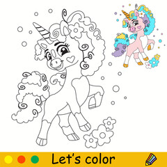 Unicorn with curly mane coloring pages for kids