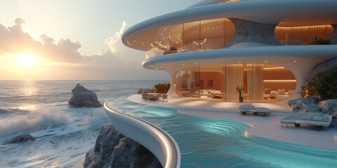 Terrace over the sea, Unfurnished, Futuristic, generative ai