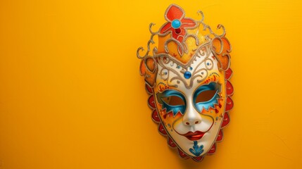 Venetian carnival mask placed on a yellow background generative ai