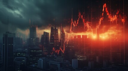 Cityscape overlaid with stock market crash graphs at dusk - obrazy, fototapety, plakaty