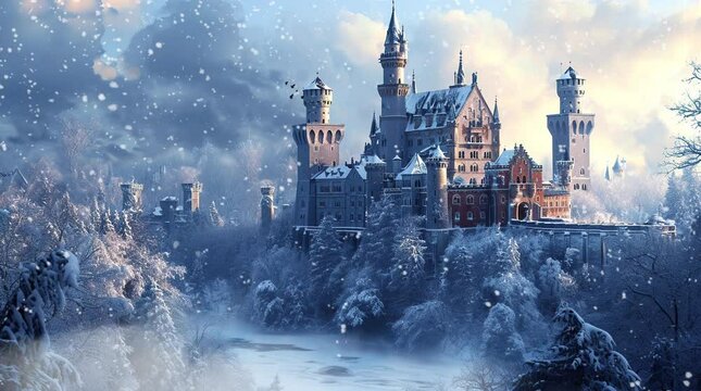 Beautiful view of  castel  in winter with snow Seamless looping 4k time-lapse virtual video animation background. Generated AI	