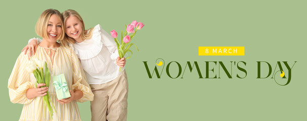 Mother and her little daughter with gift and flowers on green background. Happy Women's Day