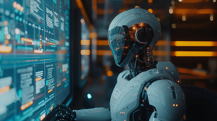 An AI robot sitting on a futuristic desk looking at his computer screen ,generative ai