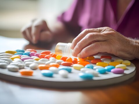 Pills keep us alive longer - the aging hands of a mature woman next to a collection of colourful prescription pills on the table contemplating which one to take first
